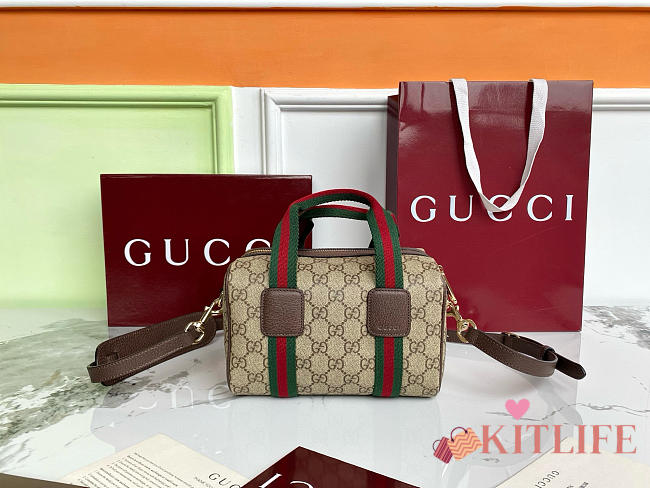 Kitlife Gucci Mini GG Handbag Dark Brown Leather Trim G859975 20x13x13cm - 1