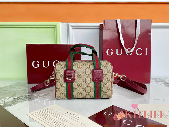 Kitlife Gucci Mini GG Handbag Red Leather Trim G859975 20x13x13cm - 1