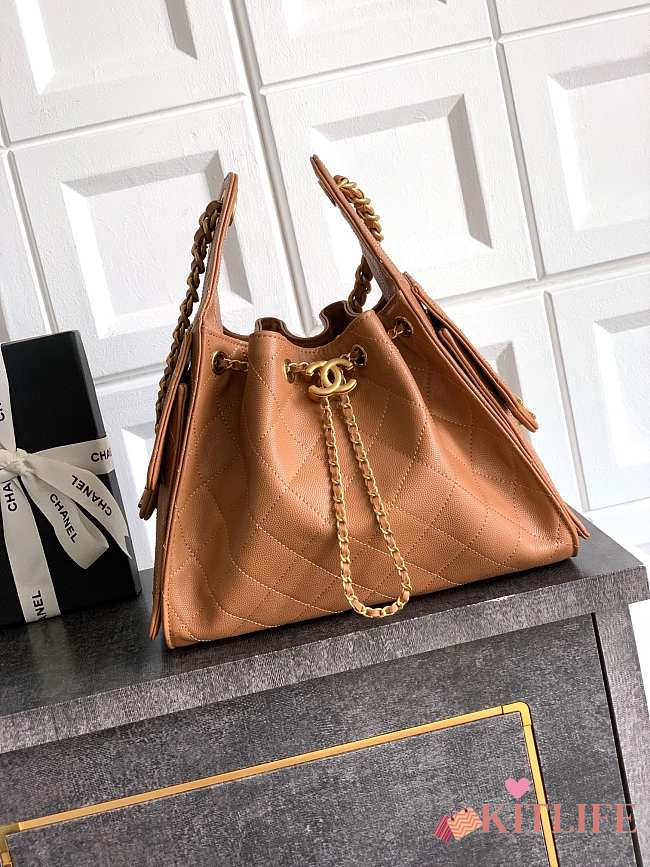 Kitlife Chanel 25C Drawstring Bucket Hobo Bag Brown Grained Leather 30×26×14cm - 1