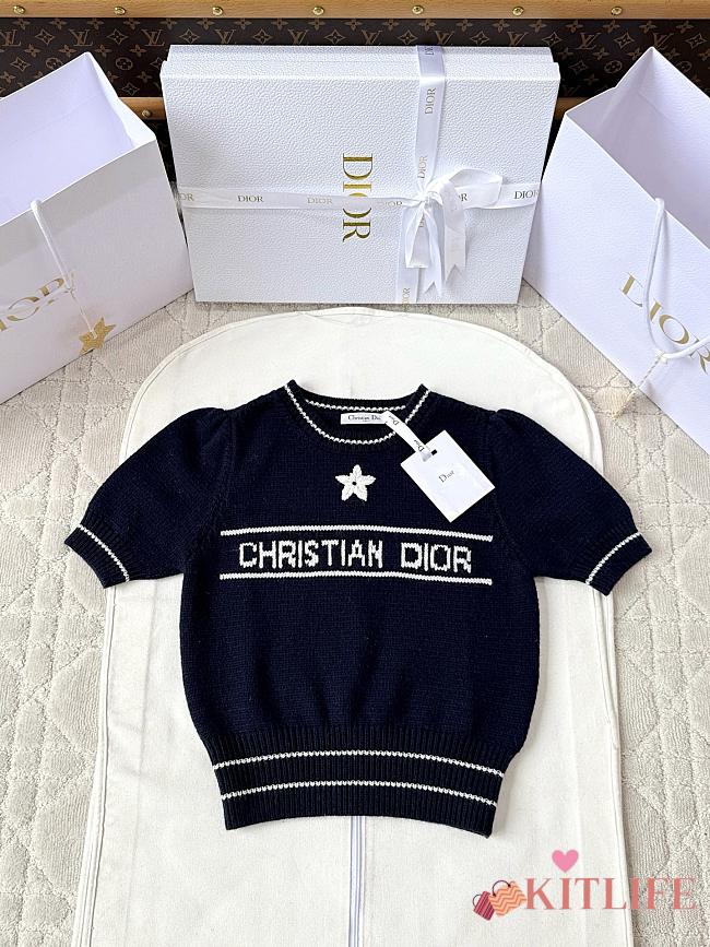 Kitlife Dior Short-Sleeved Sweater Dark Blue Ecru Wool and Cashmere Knit - 1