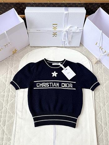 Kitlife Dior Short-Sleeved Sweater Dark Blue Ecru Wool and Cashmere Knit