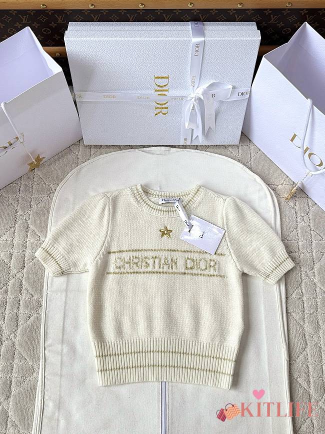 Kitlife Dior Short-Sleeved Sweater Dark White & Gold Ecru Wool and Cashmere Knit - 1