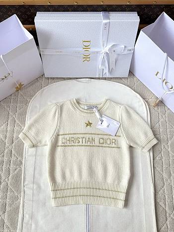 Kitlife Dior Short-Sleeved Sweater Dark White & Gold Ecru Wool and Cashmere Knit