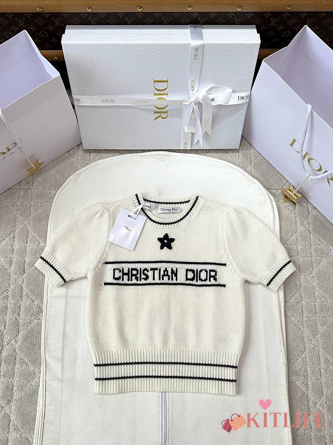 Kitlife Dior Short-Sleeved Sweater White & Dark Blue Ecru Wool and Cashmere Knit - 1