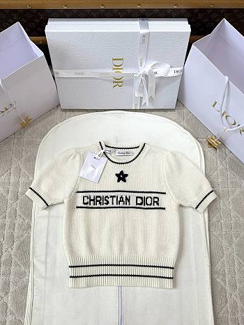Kitlife Dior Short-Sleeved Sweater White & Dark Blue Ecru Wool and Cashmere Knit