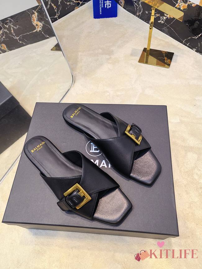 Kitlife Balmain Square-toe Slippers Black Leather - 1