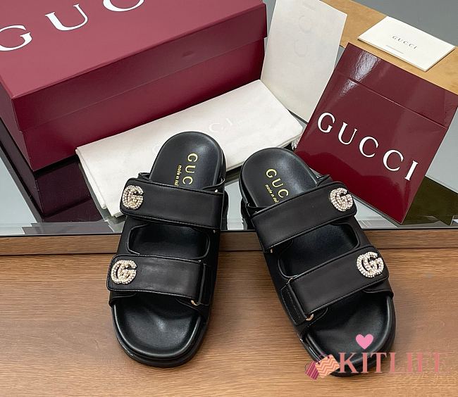  Kitlife Gucci Sandals With Crystal Double G in Black - 1
