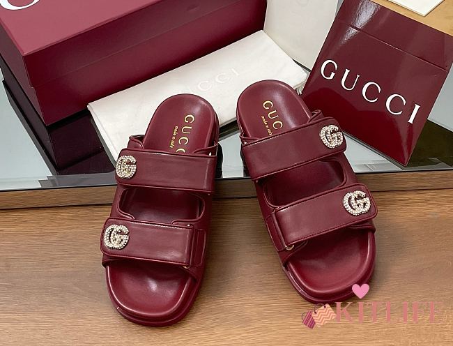 Kitlife Gucci Sandals With Crystal Double G in Burgundy - 1