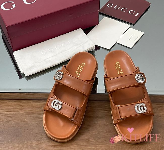 Kitlife Gucci Sandals With Crystal Double G in Brown - 1