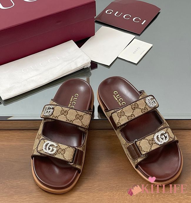 Kitlife Gucci Sandals With Crystal Double G in Beige - 1