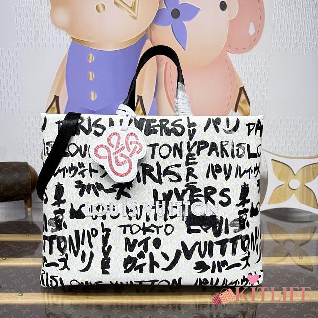 Kitlife Louis Vuitton Shopper Tote MM Bag White/Black N40797 40x32x16cm - 1