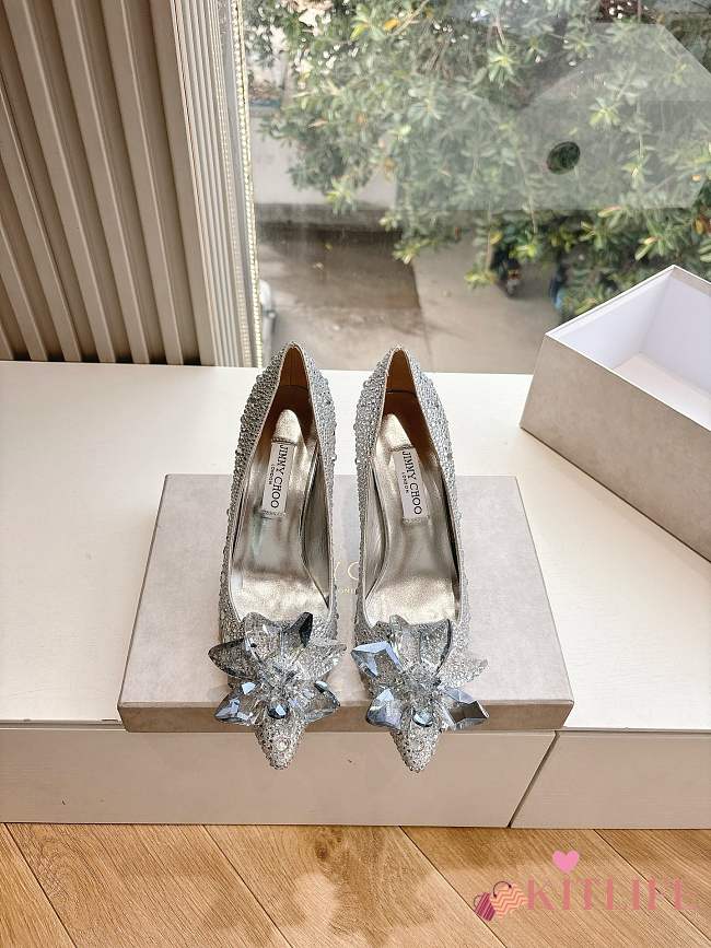 Kitlife Jimmy Choo Alia Crystal Covered Pointy Toe Pumps Silver 105mm - 1