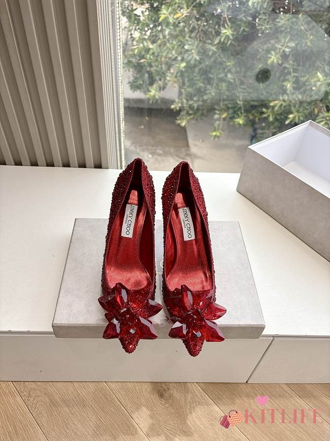 Kitlife Jimmy Choo Alia Crystal Covered Pointy Toe Pumps Red 105mm - 1