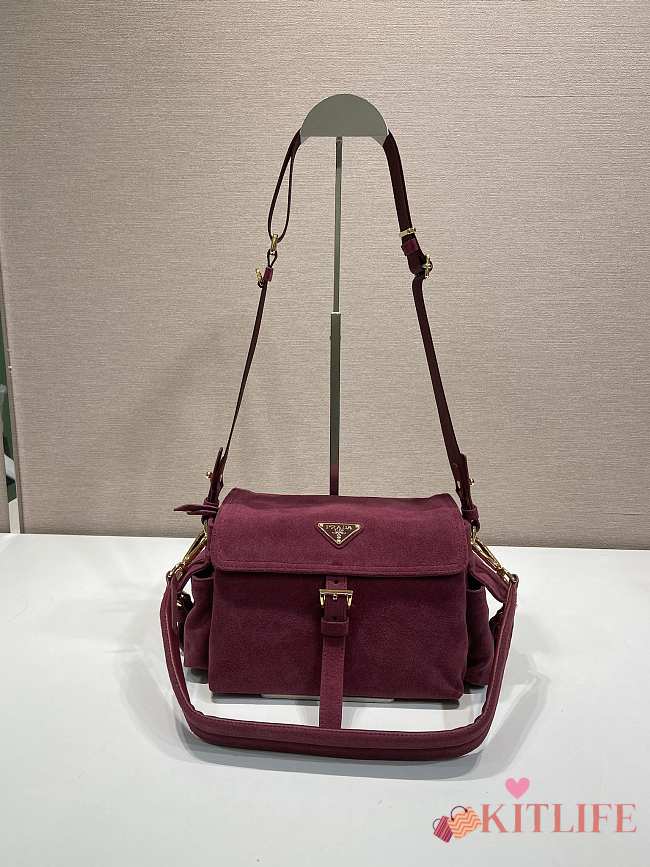 Kitlife Prada Explore Medium Burgundy Suede Shoulder Bag With Flap 1BD394 30x14x10cm - 1