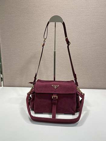 Kitlife Prada Explore Medium Burgundy Suede Shoulder Bag With Flap 1BD394 30x14x10cm
