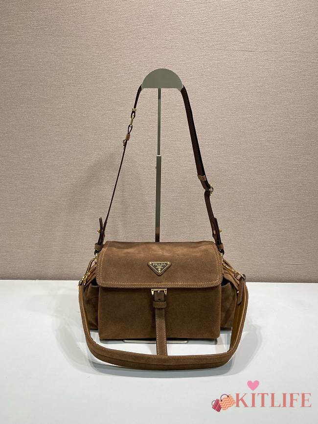 Kitlife Prada Explore Medium Cocoa Brown Suede Shoulder Bag With Flap 1BD394 30x14x10cm - 1