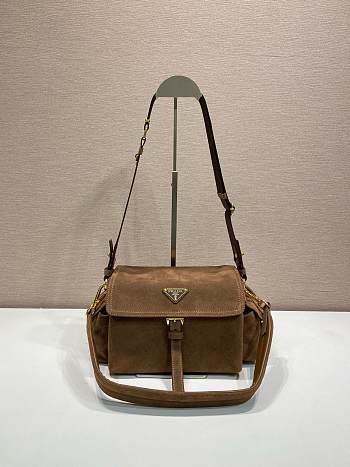 Kitlife Prada Explore Medium Cocoa Brown Suede Shoulder Bag With Flap 1BD394 30x14x10cm