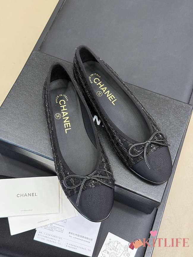 Kitlife Chanel Classic Ballet Shoes Black Tweed - 1