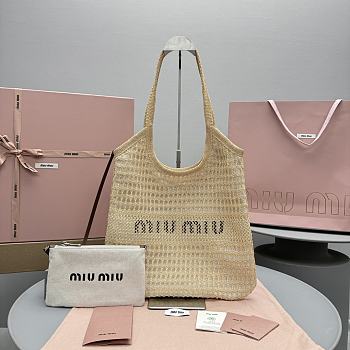 Kitlife Miu Miu Ivy Raffia-effect And Linen Bag in Natural 5BG231 35x40cm