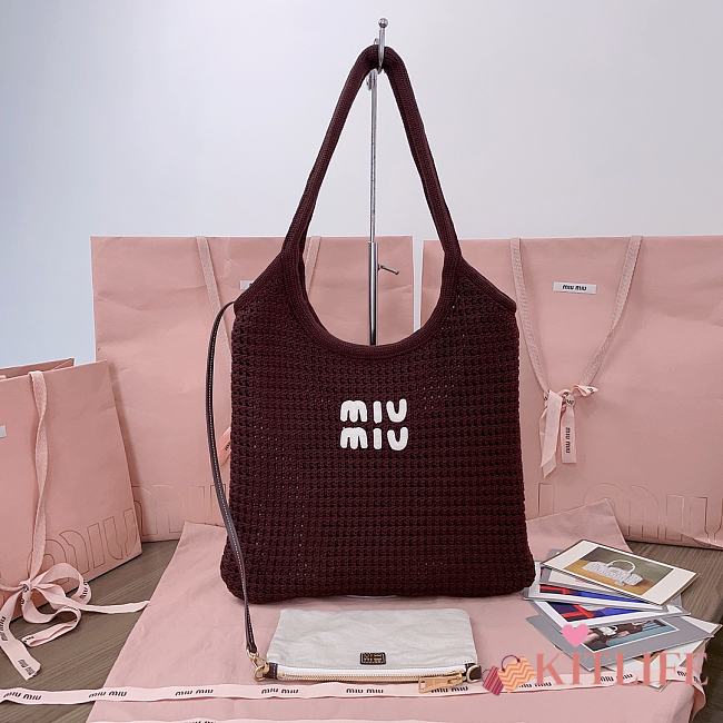 Kitlife Miu Miu Ivy Raffia-effect And Linen Bag in Dark Brown 5BG231 35x40cm - 1