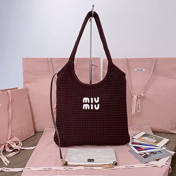 Kitlife Miu Miu Ivy Raffia-effect And Linen Bag in Dark Brown 5BG231 35x40cm