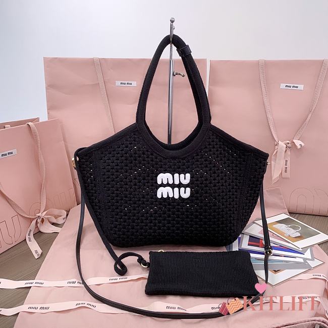 Kitlife Miu Miu Ivy Cotton Mesh Tote Bag In Black 5BG281 28x26x12.5cm - 1