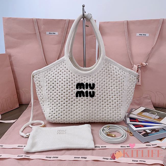 Kitlife Miu Miu Ivy Cotton Mesh Tote Bag In White 5BG281 28x26x12.5cm - 1