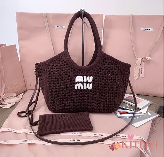 Kitlife Miu Miu Ivy Cotton Mesh Tote Bag In Dark Brown 5BG281 28x26x12.5cm - 1