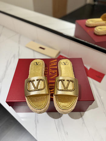 Kitlife Valentino Garavani Vlogo Gold Leather Espadrille Slides