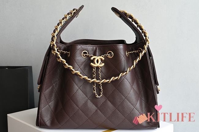 Kitlife Chanel 25C Drawstring Bucket Hobo Bag Dark Brown Grained Leather 30×26×14cm - 1