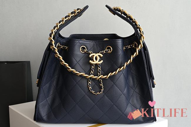 Kitlife Chanel 25C Drawstring Bucket Hobo Bag Dark Blue Grained Leather 30×26×14cm - 1