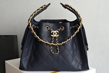 Kitlife Chanel 25C Drawstring Bucket Hobo Bag Dark Blue Grained Leather 30×26×14cm