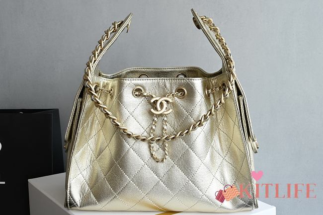 Kitlife Chanel 25C Drawstring Bucket Hobo Bag Light Gold Grained Leather 30×26×14cm - 1