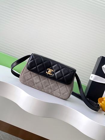 Kitlife Chanel Mini Flap Shoulder Bag Grey Suede Calfskin and Black Shiny Lambskin 11.5x19.5x5cm