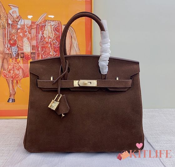 Kitlife Hermes Birkin Vintage Bag Dark Brown Suede Leather 30cm - 1