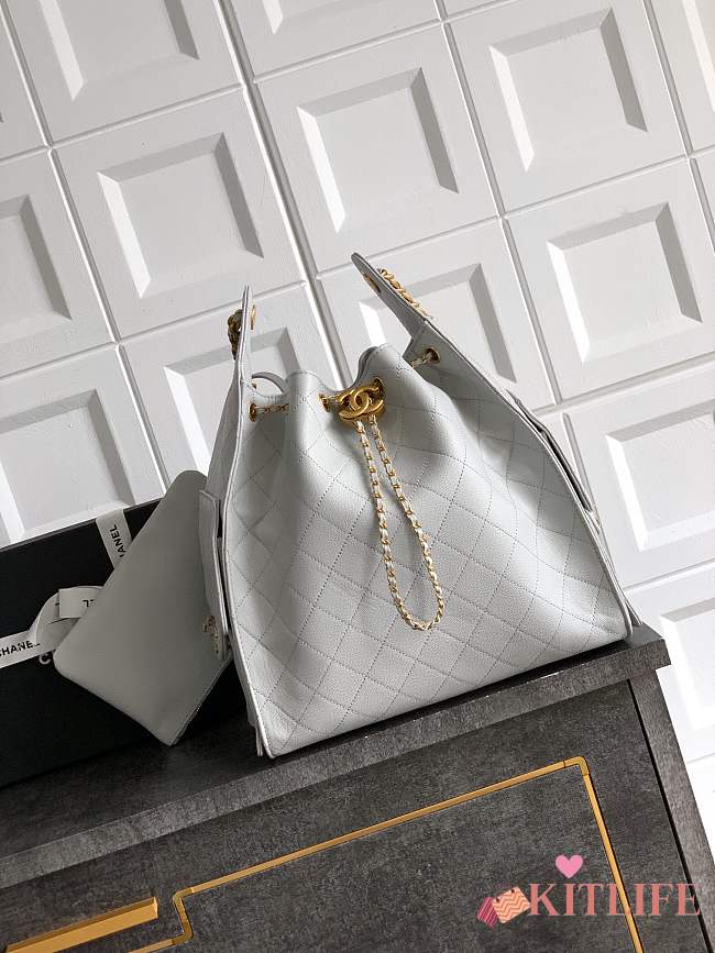 Kitlife Chanel 25C Drawstring Bucket Hobo Bag Grey Grained Leather 30×26×14cm - 1
