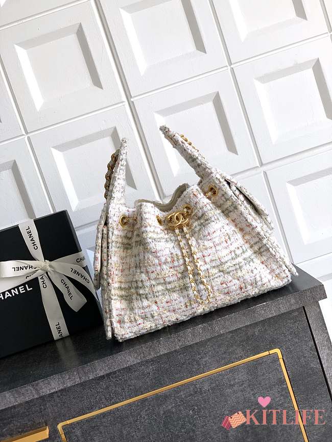 Kitlife Chanel 25C Drawstring Bucket Hobo Bag White & Pink Tweed 30×26×14cm - 1