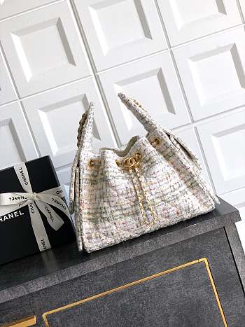 Kitlife Chanel 25C Drawstring Bucket Hobo Bag White & Pink Tweed 30×26×14cm