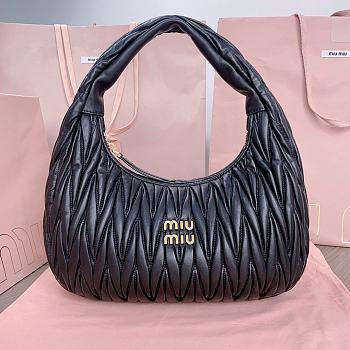 Kitlife Miu Miu Wander Matelassé Black Nappa Leather Hobo Bag 29x24x10cm