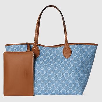 Kitlife Gucci Totissima Large Tote Bag Light Blue GG Denim 837190 30.5x28x27cm