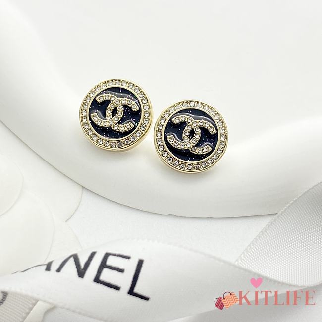 Kitlife Chanel Black Gold Enamel Round Stud Earrings  - 1