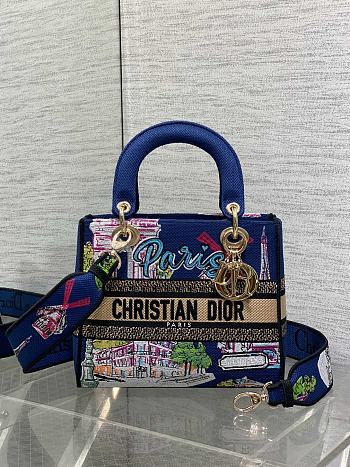 Kitlife Dior Lady Diana Dark Blue Raffia and Multicolor Embroidered Bag 24x11x20cm