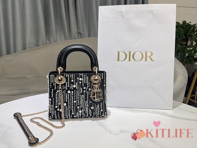 Kitlife Dior Lady Bag Black Satin With White Resin Bead Embroidery 17x15x7cm - 1