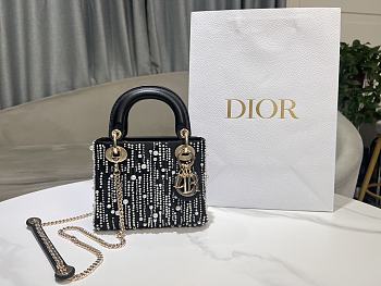 Kitlife Dior Lady Bag Black Satin With White Resin Bead Embroidery 17x15x7cm