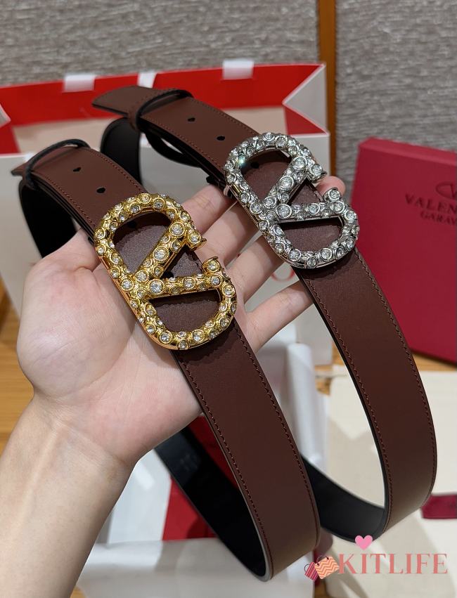 Kitlife Valentino Garavani VLogo Signature Belt In Brown Shiny Calfskin With Crystals 30mm - 1