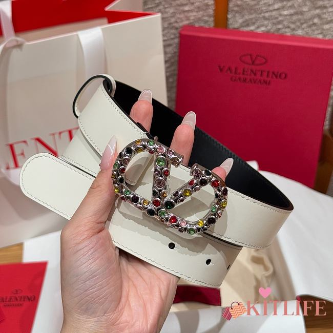 Kitlife Valentino Garavani VLogo Signature Belt In White Calfskin With Silver Multicolor Crystals 30mm - 1