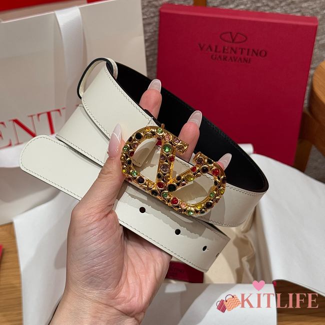 Kitlife Valentino Garavani VLogo Signature Belt In White Calfskin With Gold Multicolor Crystals 30mm - 1