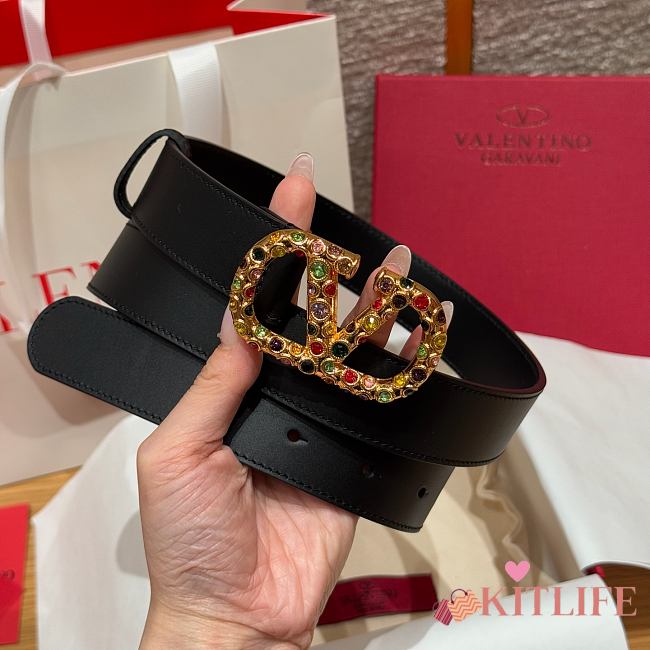 Kitlife Valentino Garavani VLogo Signature Belt In Black Calfskin With Gold Multicolor Crystals 30mm - 1