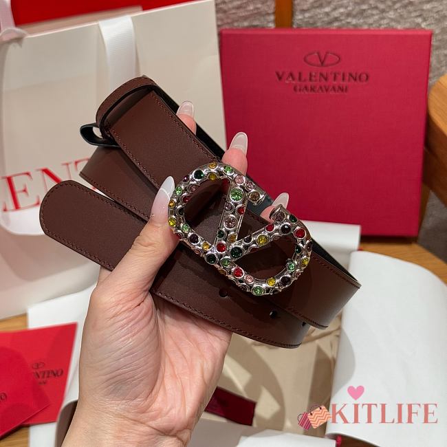 Kitlife Valentino Garavani VLogo Signature Belt In Brown Calfskin With Silver Multicolor Crystals 30mm - 1
