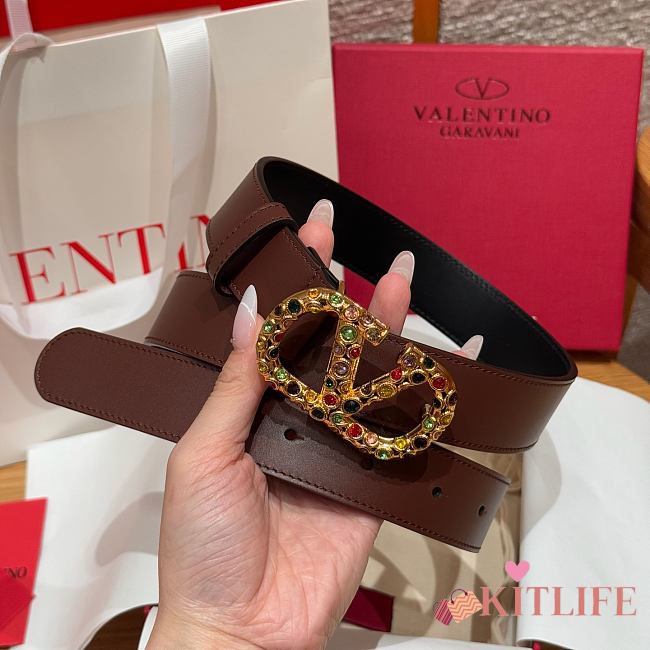 Kitlife Valentino Garavani VLogo Signature Belt In Brown Calfskin With Gold Multicolor Crystals 30mm - 1